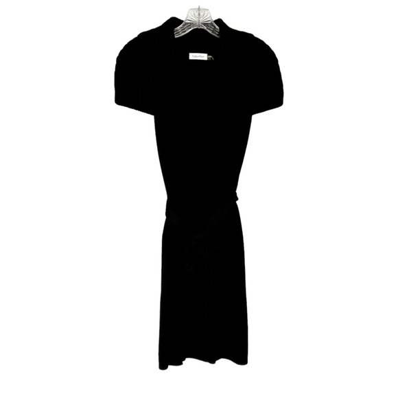 Calvin Klein Black Cowl Neck Short Sleeve Belted Wool Sweater Dress size XS - Picture 1 of 12